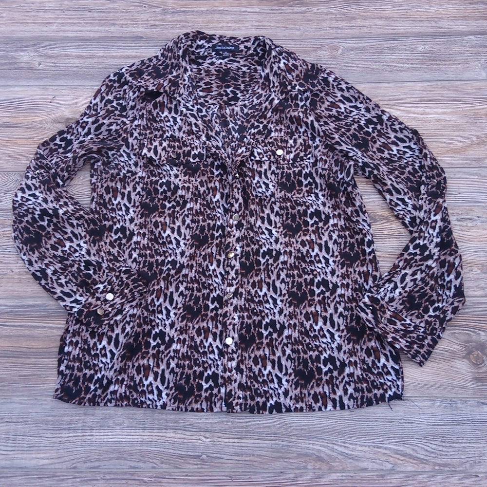 Notations Button Down Front Silky Sheer Leopard P… - image 1